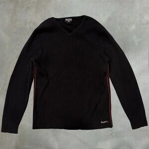 VTG Polo Jeans Co Ralph Lauren Mens Black Ribbed V-Neck 
 Sweater Red Stripe L